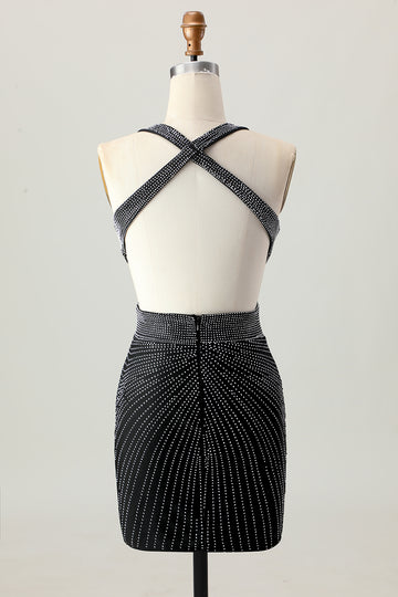 Black Bodycon V-Neck Beaded Homecoming Dress